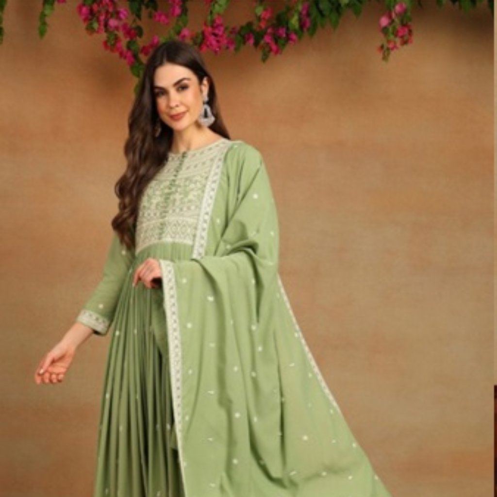Green Embroidered Thread Work Georgette Anarkali Kurta With Dupatta